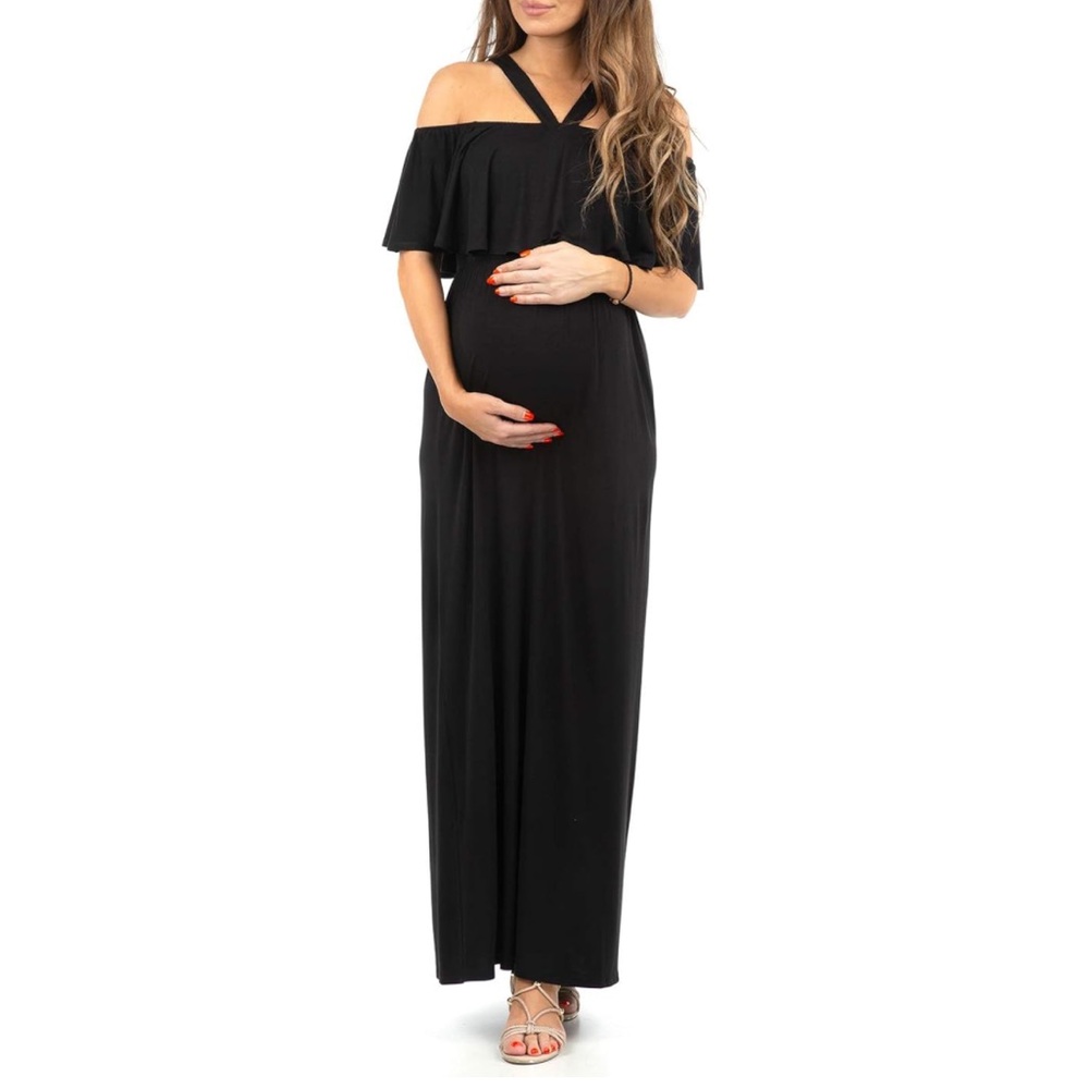 Mother Bee Maternity, Open Shoulder Dress, Wide Ruffle Bodice, Size M